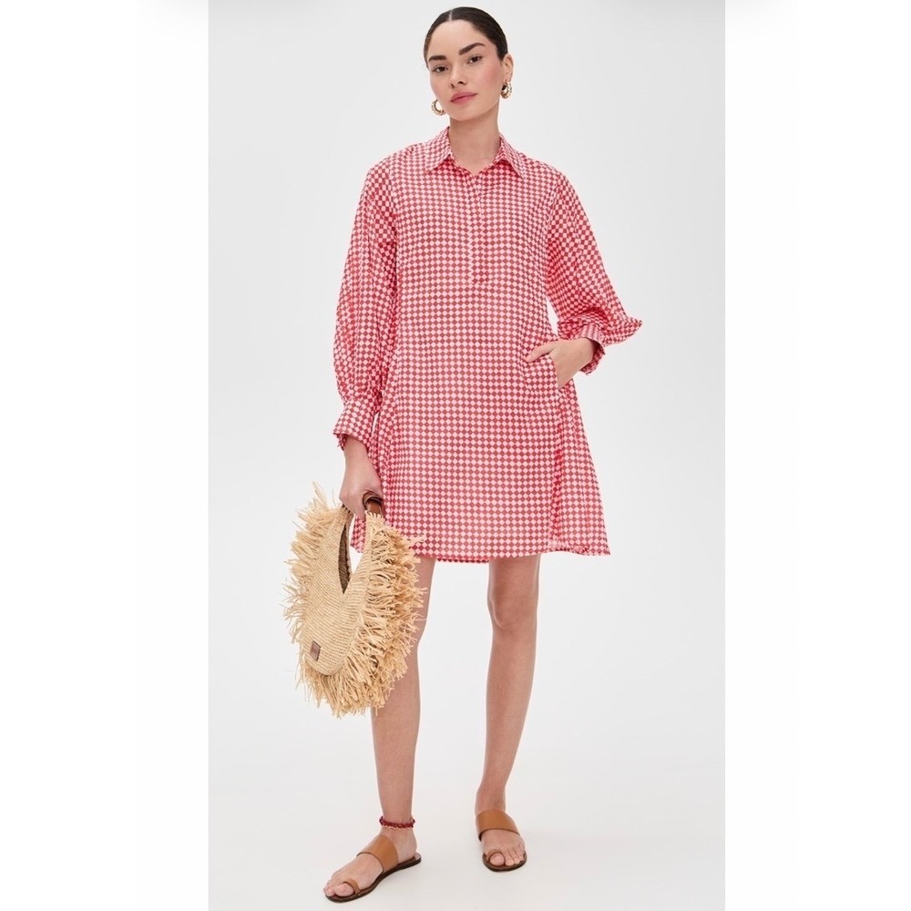Ro's Garden Chloe Short Long Sleeve Dress Red White Check Print Pockets S